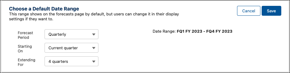 Configuración Choose a Default Date Range (Elegir un intervalo de fechas predeterminado) con las opciones para establecer el periodo de pronósticos, cuándo empieza y hasta cuándo se prolonga.