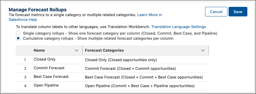 La página Forecast Settings (Configuración de pronósticos) que contiene la sección para administrar acumulaciones de pronósticos.