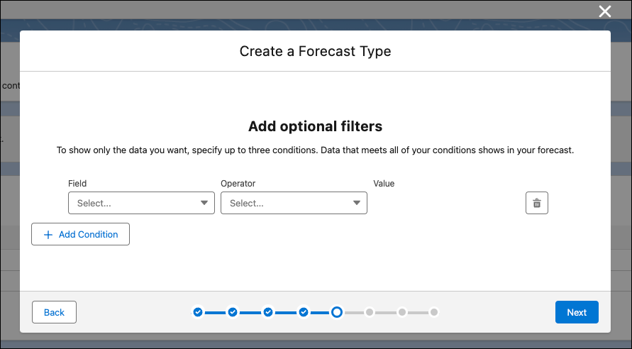 売上予測に検索条件を追加するオプションが表示されている [Create a Forecast Type (売上予測種別を作成)] ダイアログ。