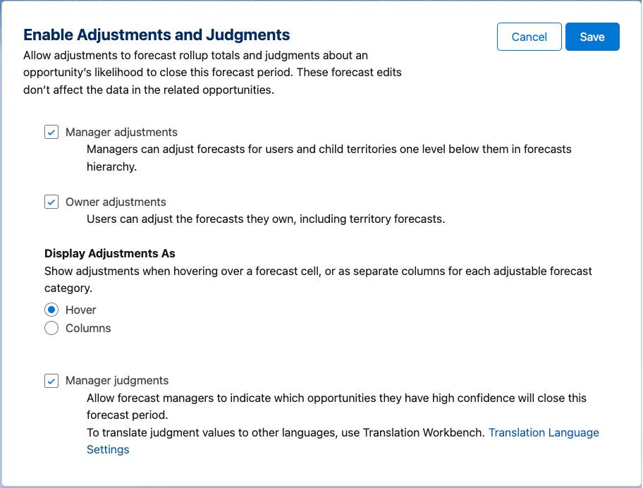 A caixa de diálogo Enable Adjustments and Judgments (Habilitar ajustes e avaliações) com as três caixas de seleção para permitir ajustes do gerente, ajustes do proprietário e avaliação do gerente.