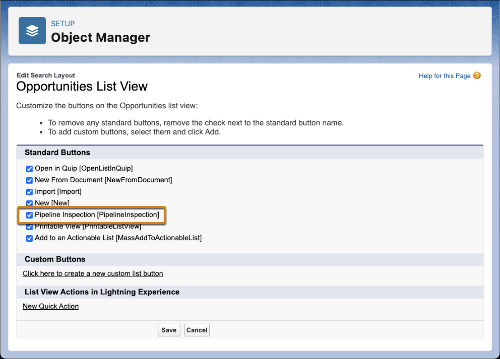The Opportunity List View page with the Pipeline Inspection option ticked
