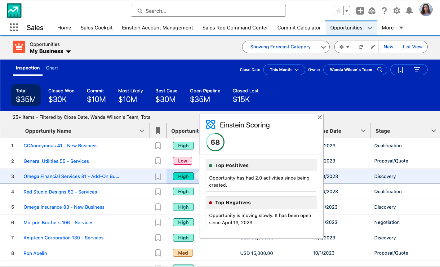 The Opportunity list showing an item with an Einstein score including the reasons for scoring.
