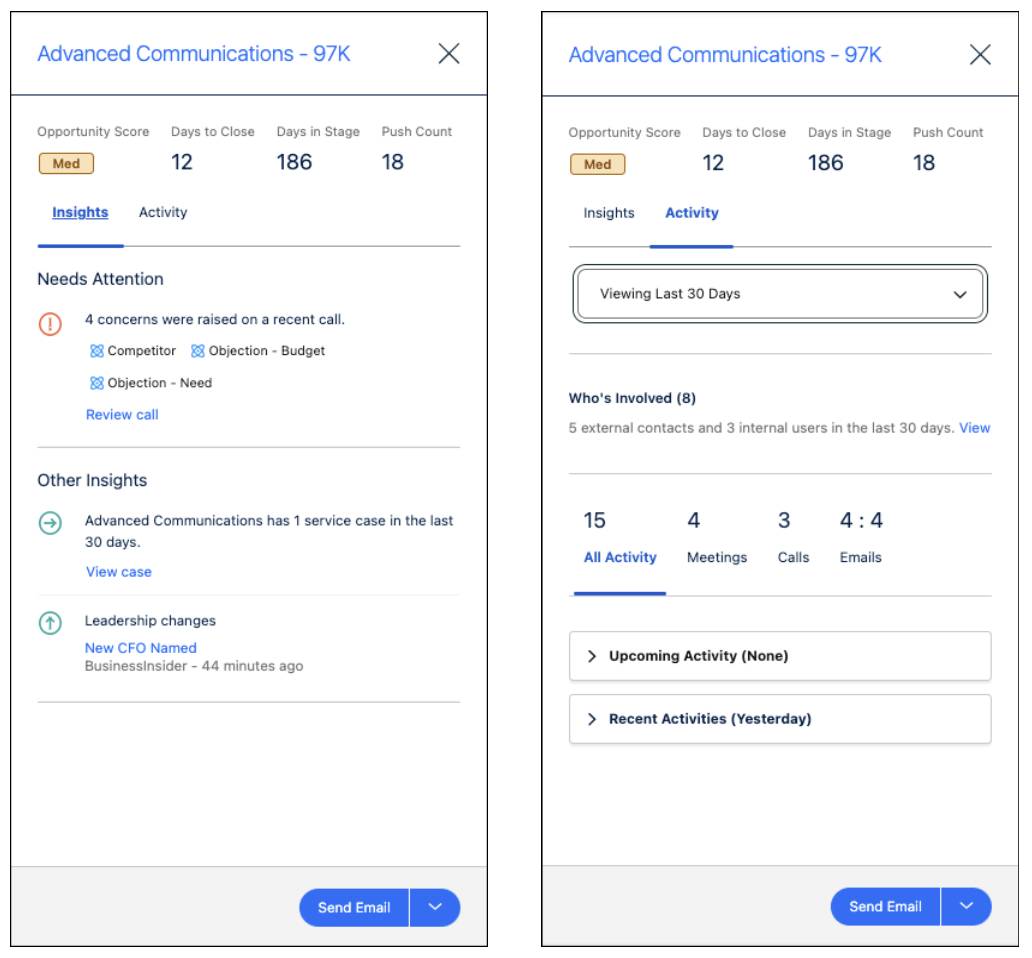 Examples of the Einstein Deal InsightsSide panels. The left image shows examples of insights and the right image shows examples of activities.