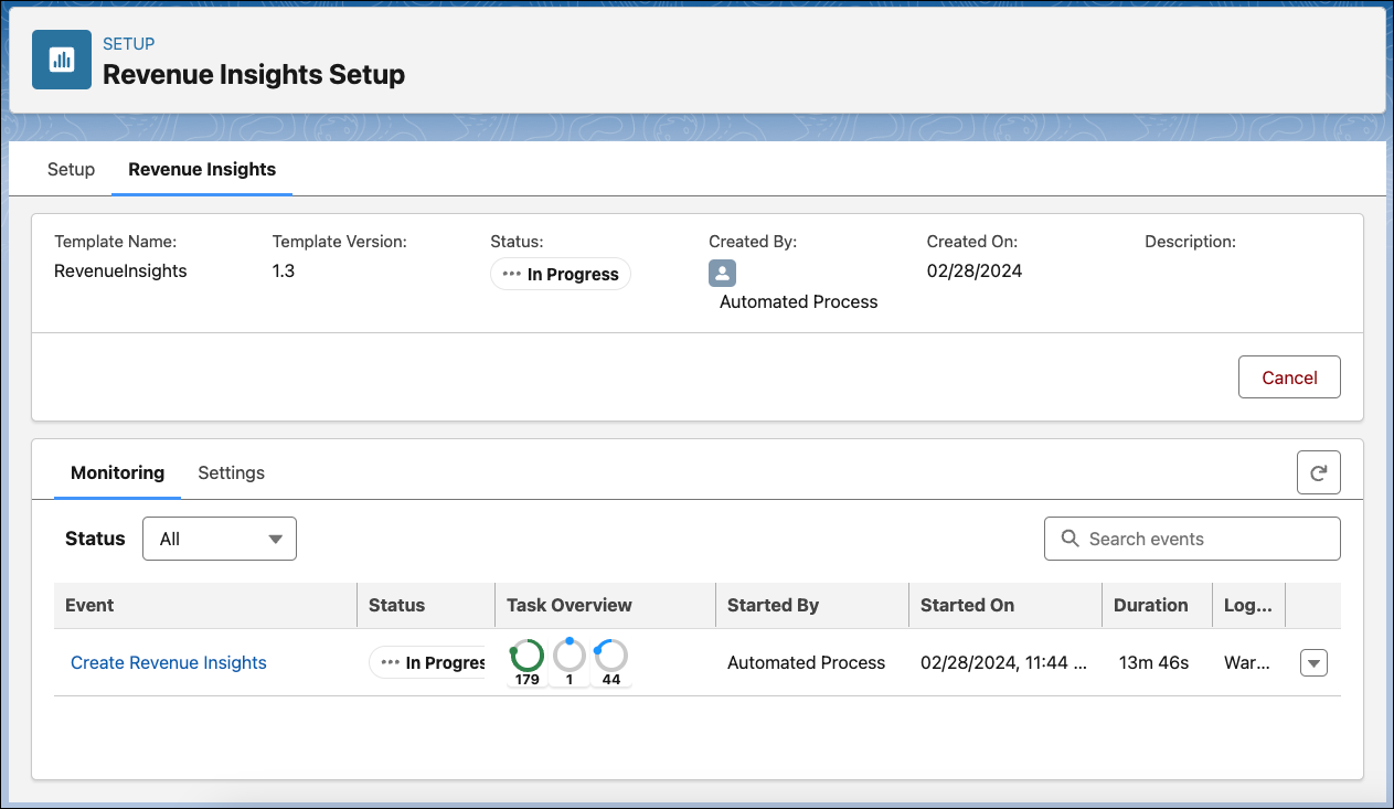 The Revenue Insights app tab showing summary information about the app and tabs for monitoring and setting details. The monitoring tab shows details of the app creation progress.