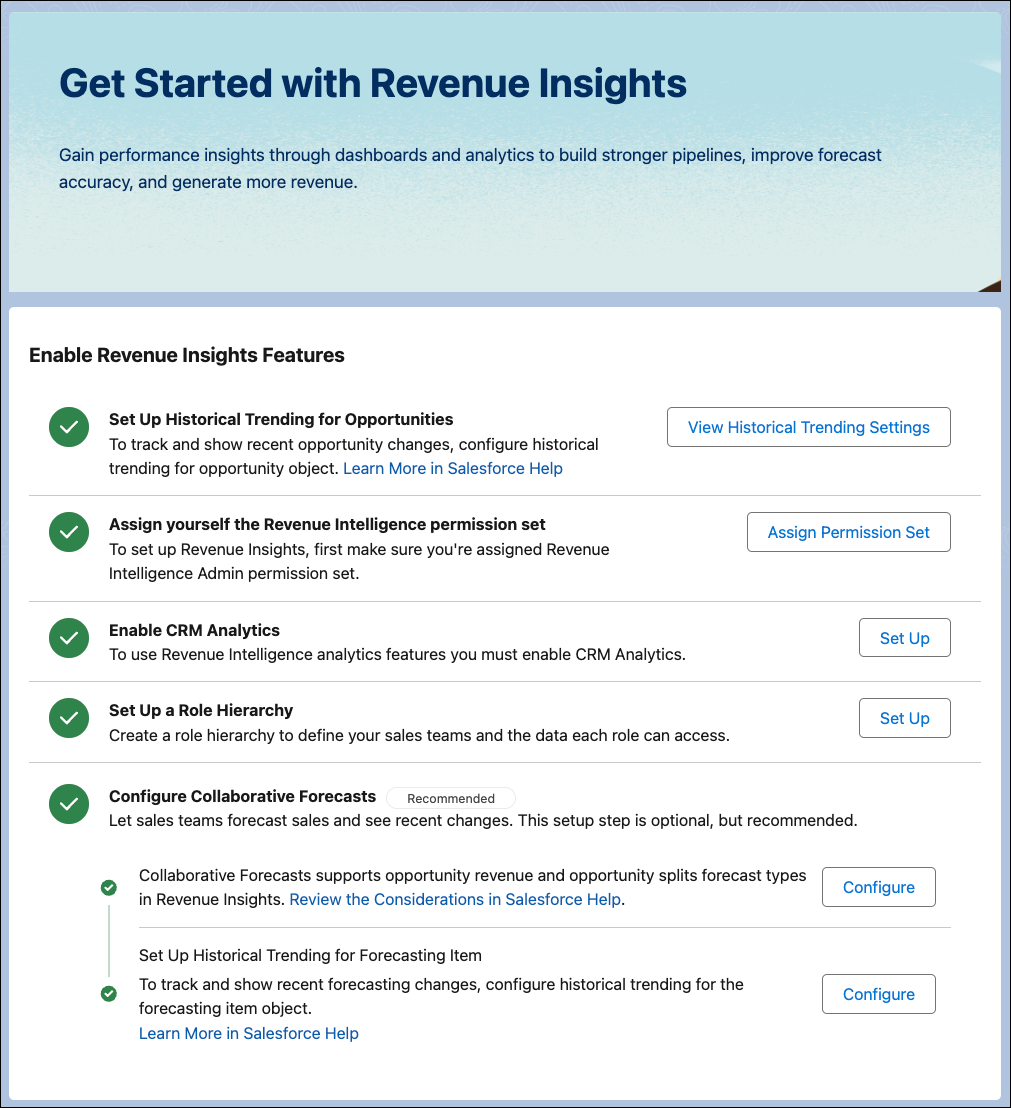 多くの設定が有効になっていることが表示されている [Get Started with Revenue Insight (収益インサイトの使用開始)] 設定ページ。