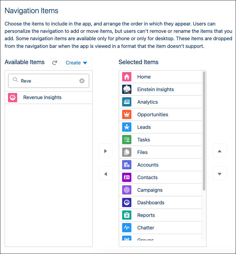 A caixa de diálogo Navigation Items (Itens de navegação) com os Insights de receita como um item disponível que pode ser selecionado.