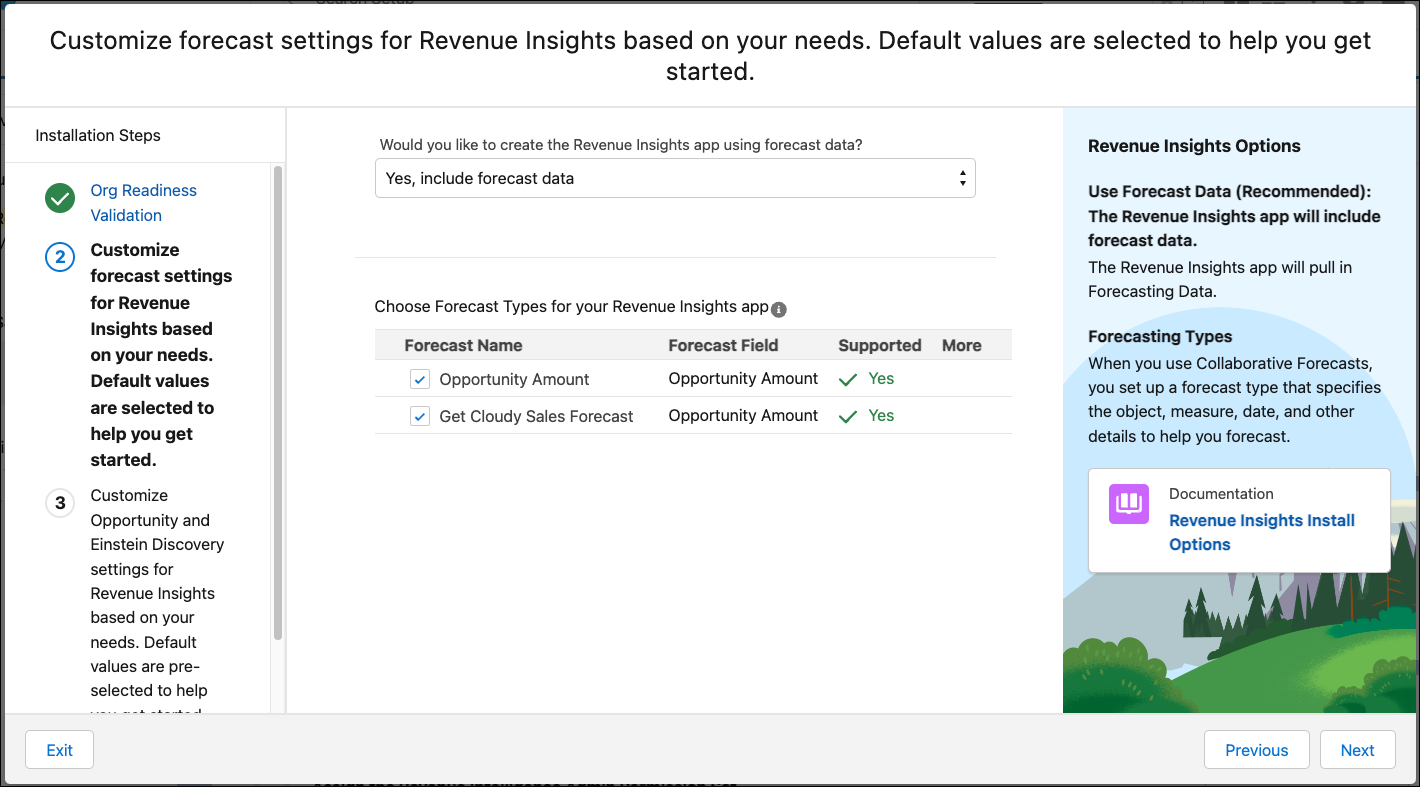 As opções para personalizar a previsão no assistente do aplicativo Insights de receita.
