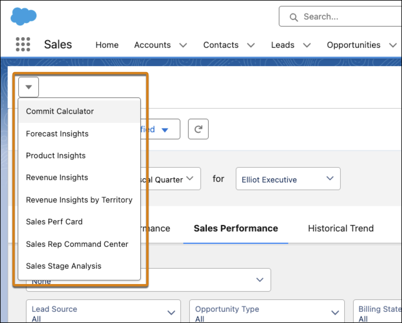 O menu suspenso da guia Revenue Insights (Insights de receita) com links para outros painéis.