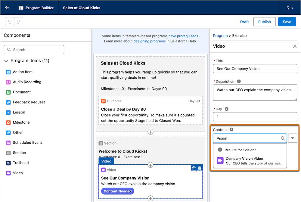 The search box for an exercise in Program Builder shows how to find content that you created.