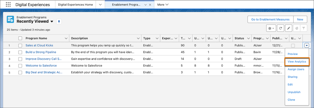 La página Enablement Programs (Programas de Enablement) que muestra la opción View Analytics (Ver análisis) en el menú desplegable de un programa.
