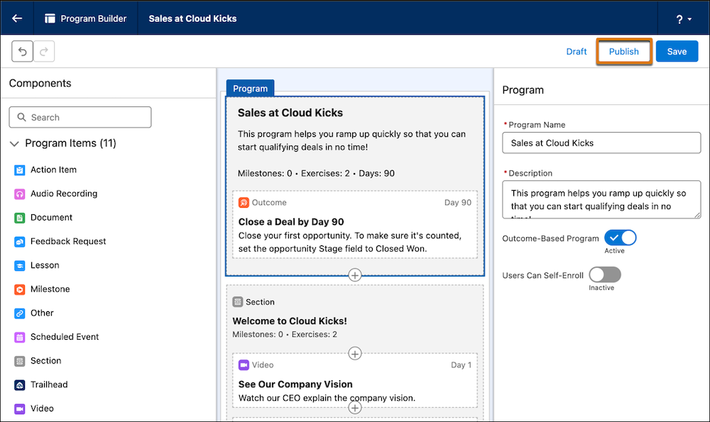 Un programme ouvert dans le concepteur de programmes affiche le bouton Publish (Publier).