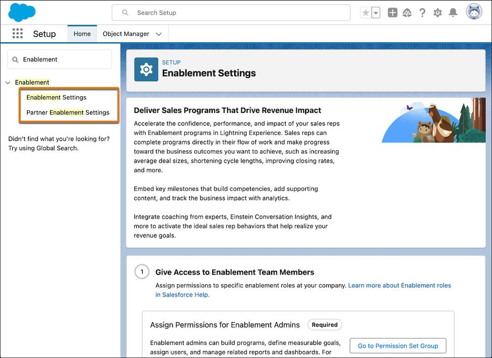 A página Enablement Settings (Configurações de enablement) em Setup (Configuração) mostra as etapas para ajudar o administrador a atribuir permissões.