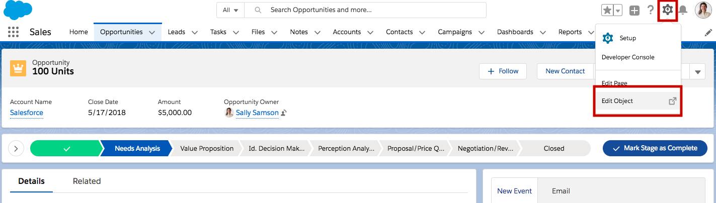 Accessing Object Manager through the setup gear icon and Edit Object.