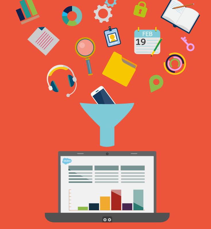Datos “volando” hacia un embudo, lo que representa cómo los datos desordenados se vuelven organizados en Sales Cloud