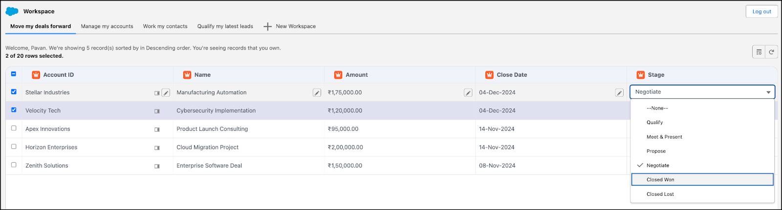 Salesforce Workspace interface showing the ability to update multiple records simultaneously for streamlined management.