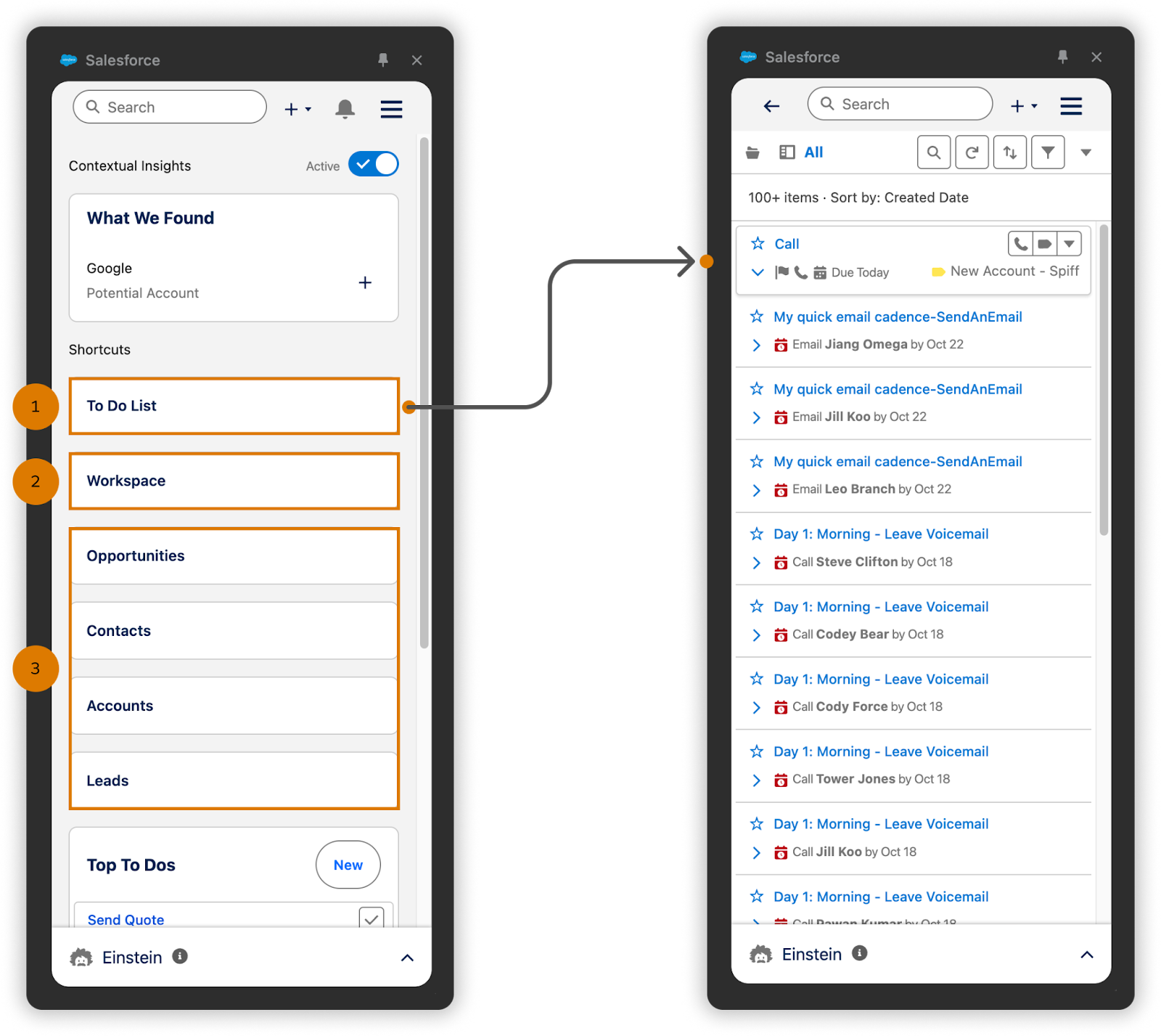 Salesforce browser extension home page with navigation to the to-do list highlighted, displaying action items for easy task management.