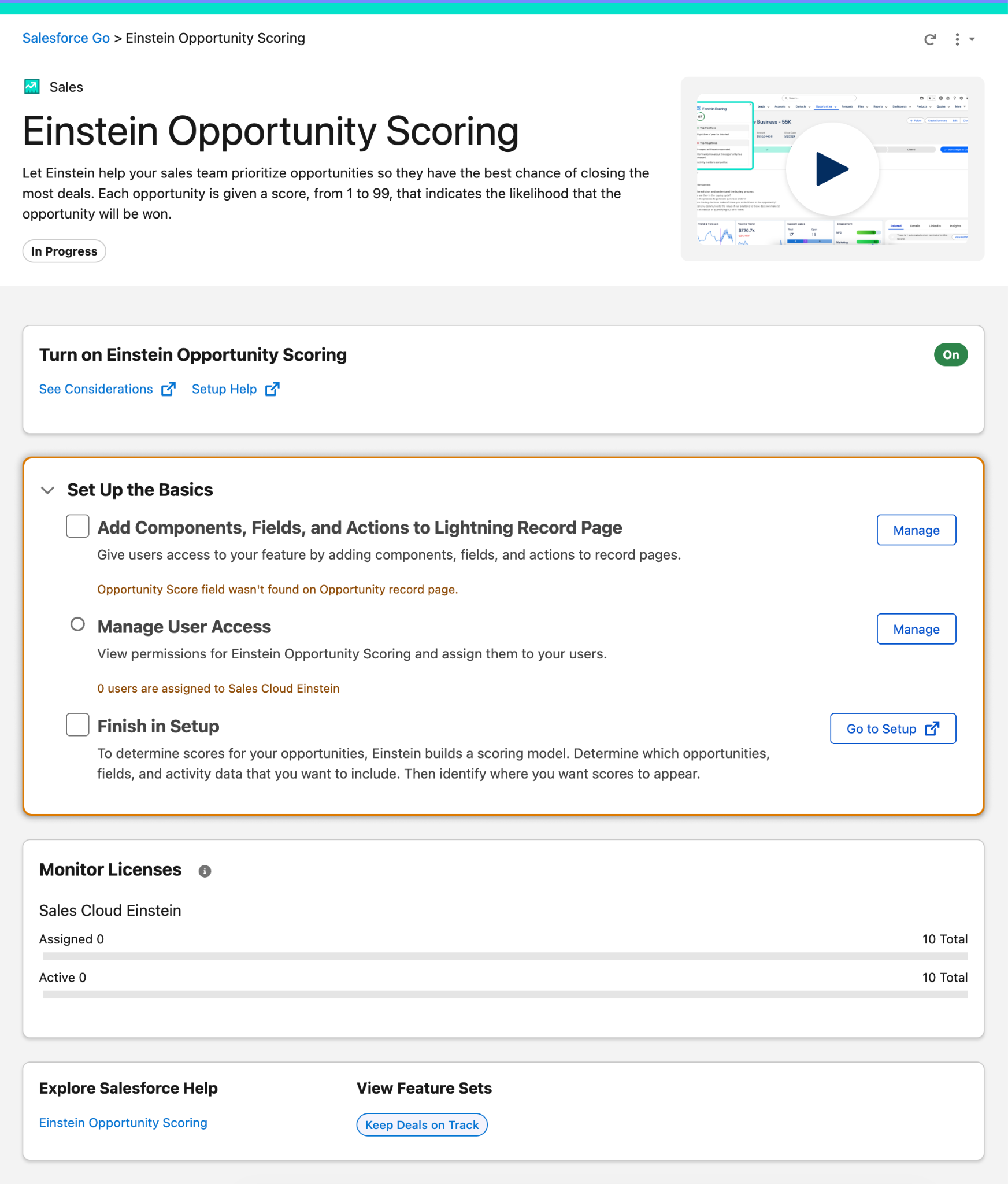 Einstein Opportunity Scoring feature page with the configuration steps highlighted.