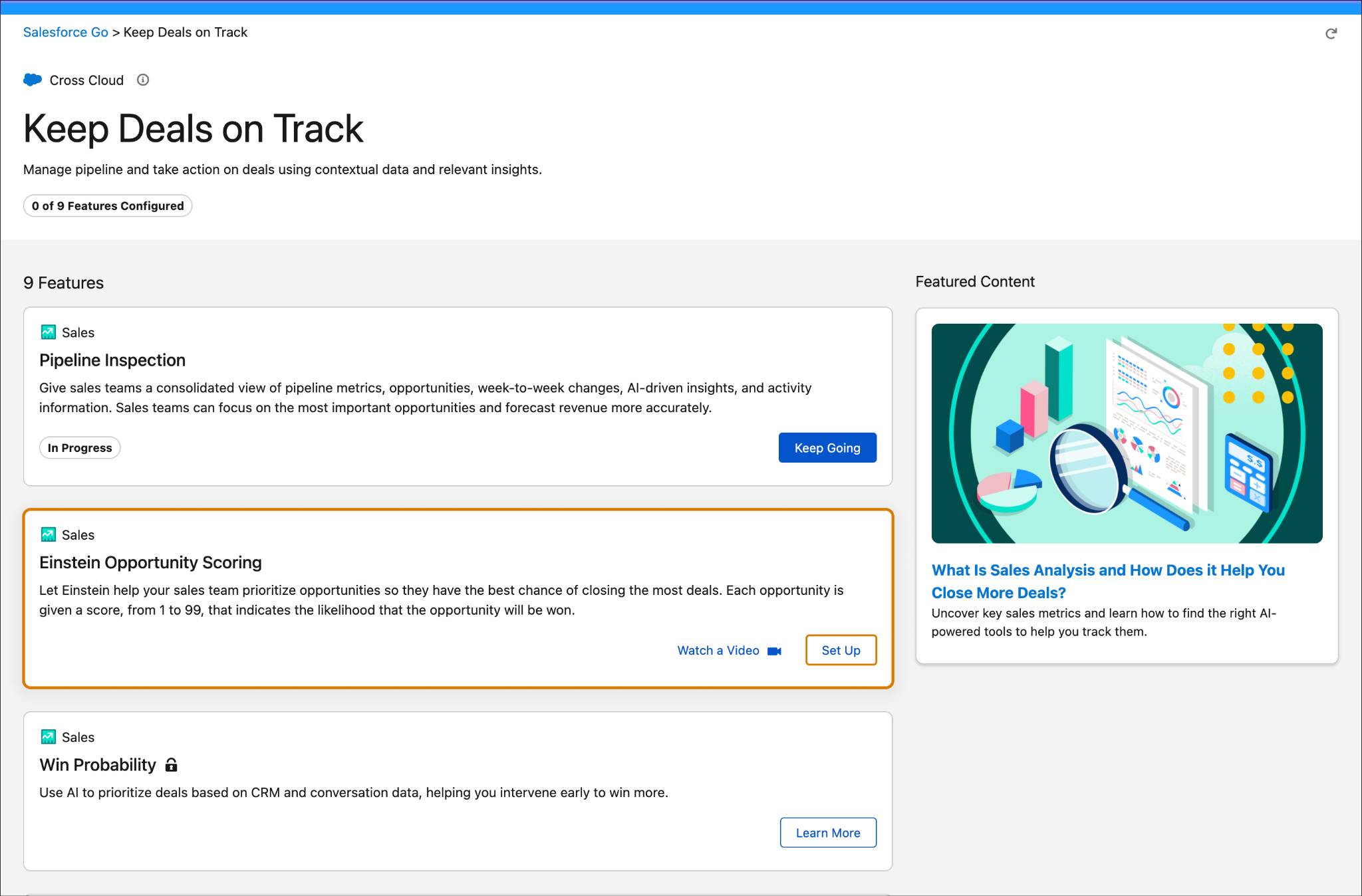 Feature Set page showing all the features with Einstein Opportunity Scoring feature and the Set Up button highlighted.