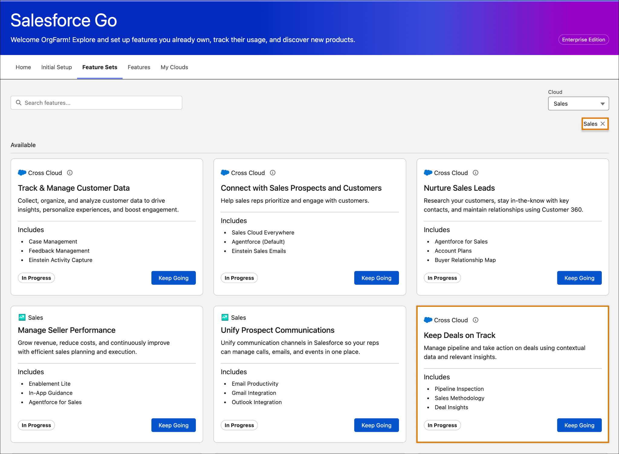Feature Sets tab in Salesforce Go with the Keep Deals on Track feature set card highlighted.