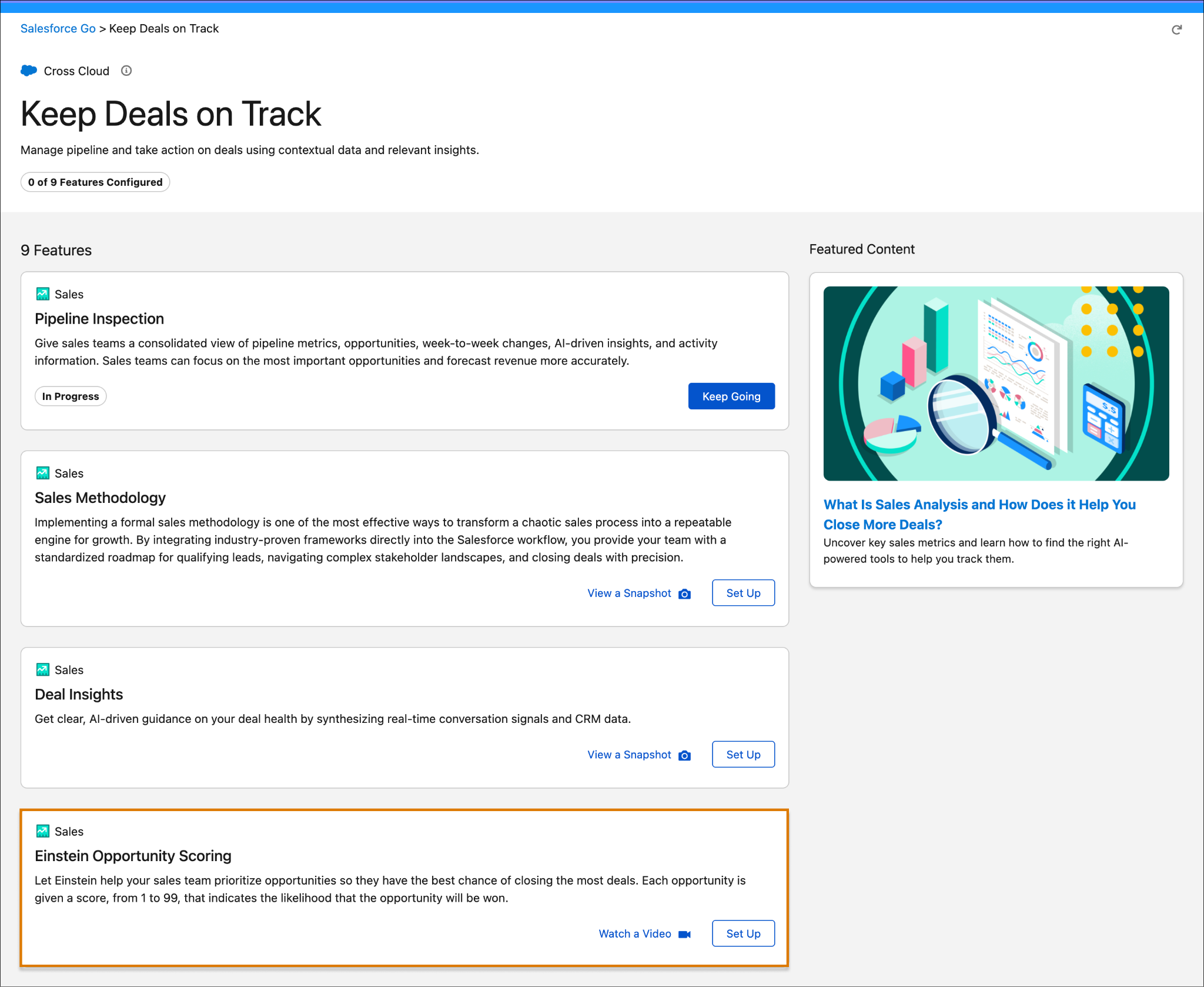 Feature Set page showing all the features with Einstein Opportunity Scoring feature highlighted.