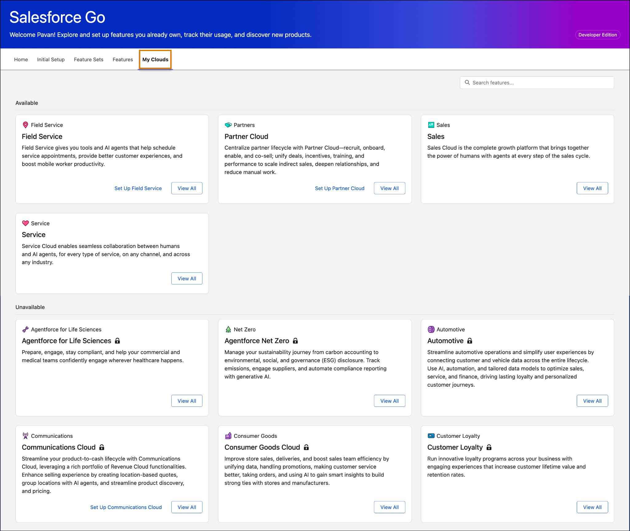Salesforce Go page with the My Clouds tab selected and highlighted.