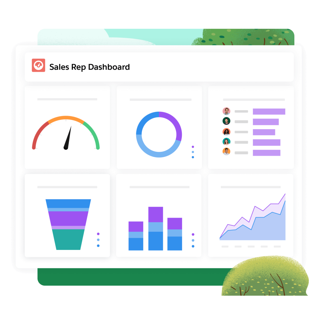 An illustration showing a window with a Sales Rep Dashboard, charts, graphs, funnels, and pie charts.
