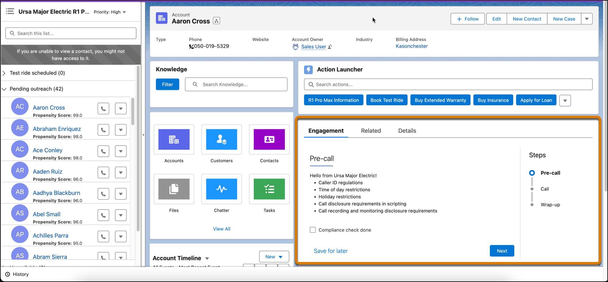 The Actionable List Engagement feature showing information for guiding sales agents through a prospect engagement.