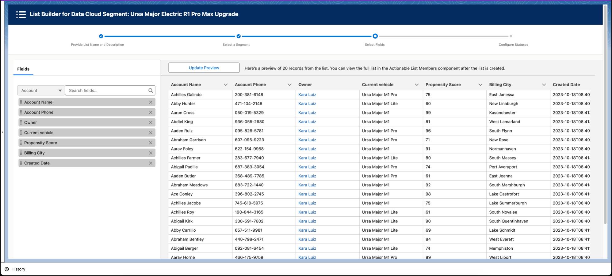 The actionable list preview screen in List Builder for Data 360 Segment.