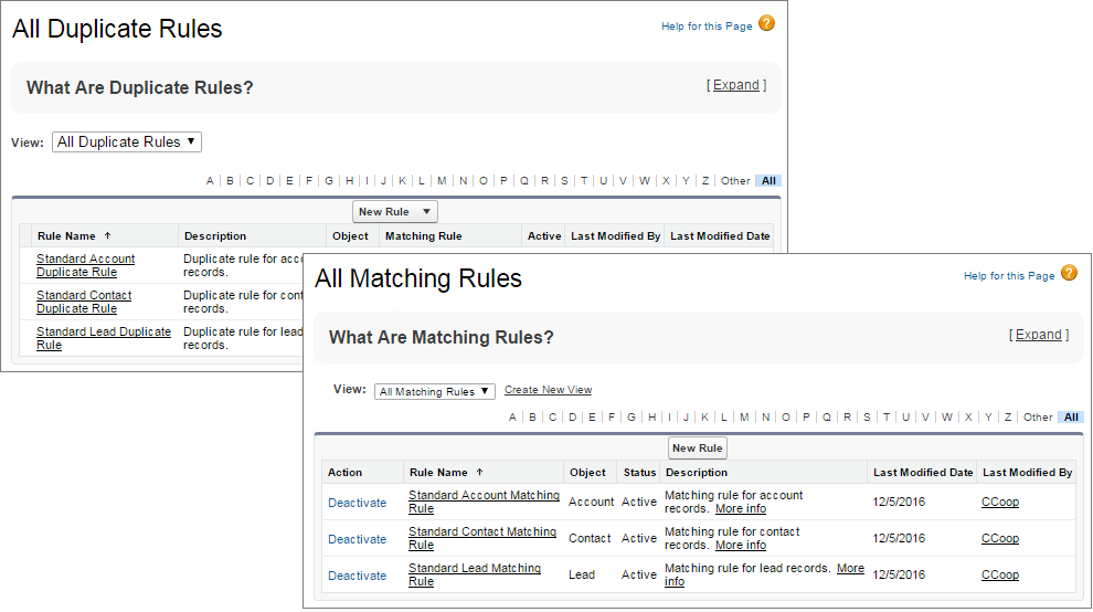 Verwalten von Abgleichsregeln und Duplikatsregeln in Setup
