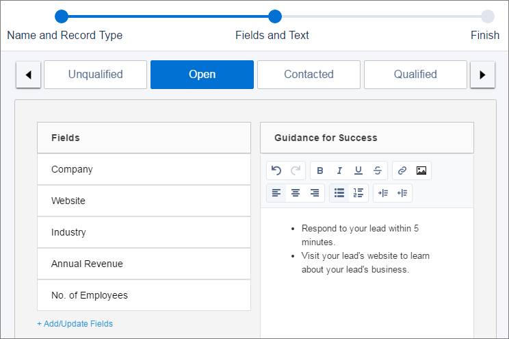 Add fields and guidance for the Open stage