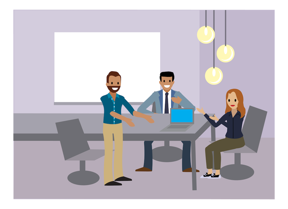 The SRA team members meet in an office.