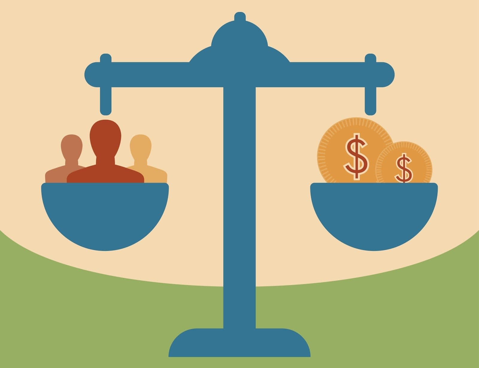 Uma balança com pessoas de um lado e dinheiro do outro representando o Salesforce Billing, que permite que as equipes do financeiro equilibrem suas obrigações com a empresa em si e com seus clientes.