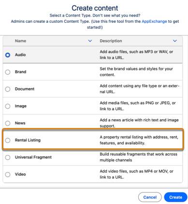 The Rental Listing content type in the CMS workspace create content window.