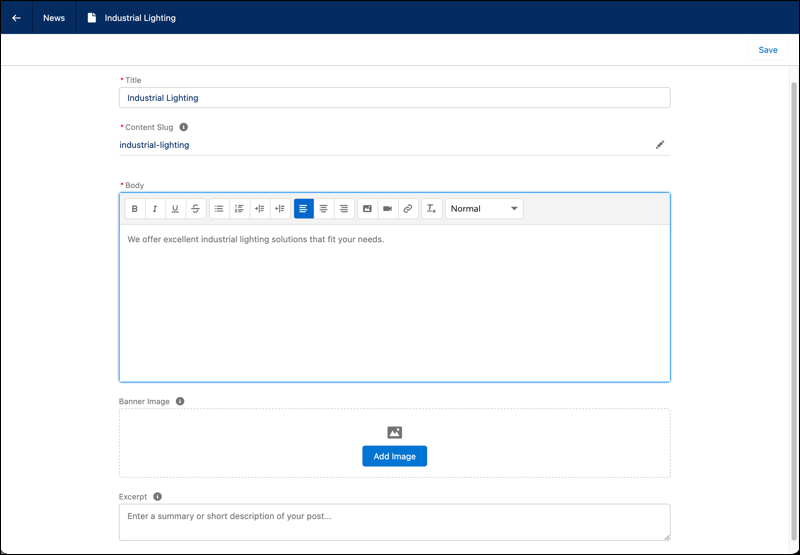 Contenido de noticias sobre iluminación industrial en Salesforce CMS.