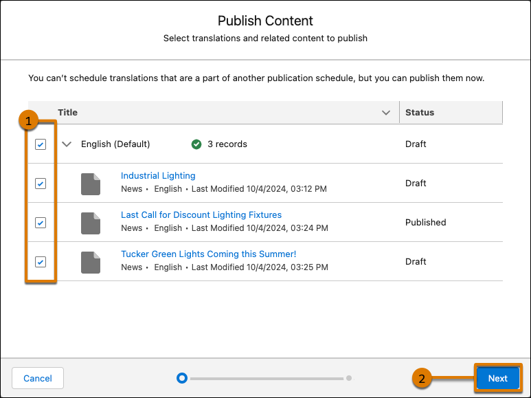 Ventana de publicación de una recopilación manual de CMS con contenido relacionado.