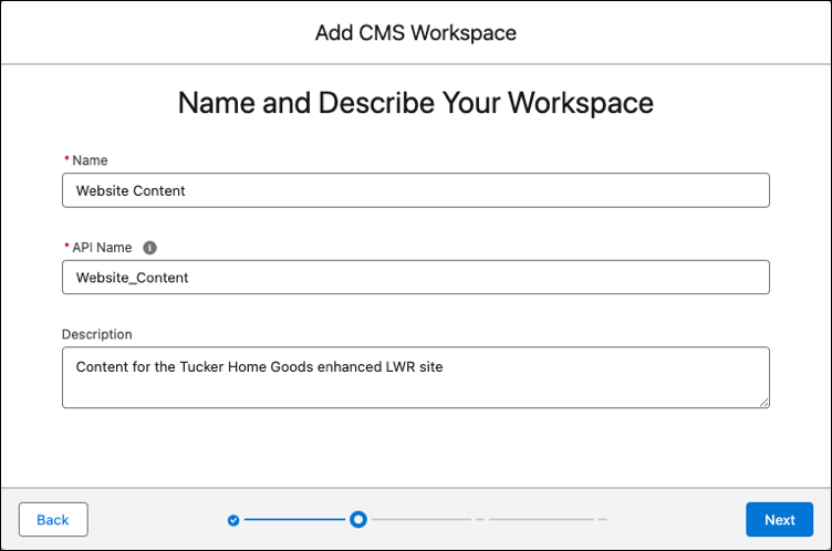 Cree un espacio de trabajo de CMS mejorado con el nombre Website Content (Contenido de sitio web).