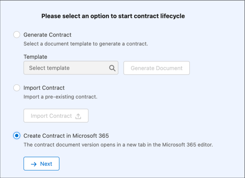 Microsoft 365 option to create a new contract document.