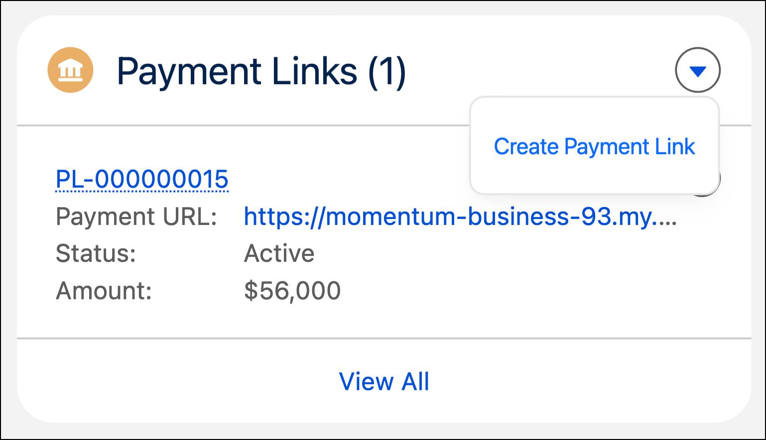 Users can create and send a payment link to a closed opportunity to collect revenue.