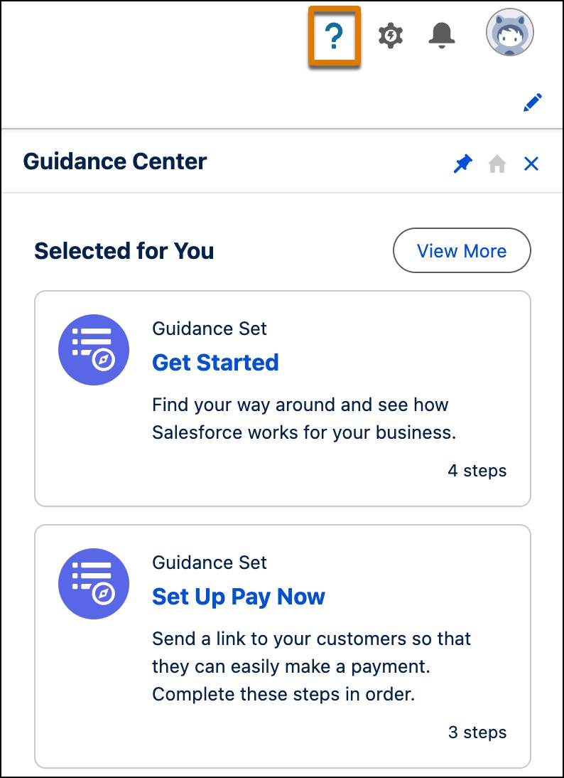 Guidance Center panel offers learning for getting started and setting up payments.