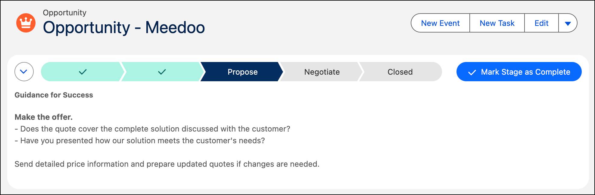 Sales path shows the status of the deal and guidance for success.