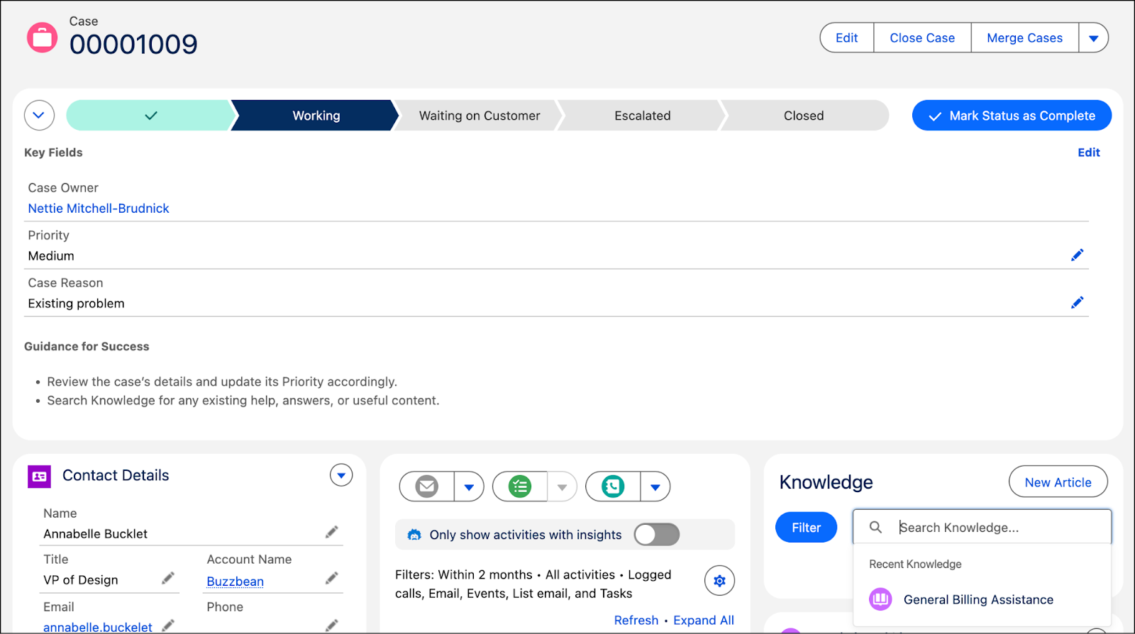 メール、新規 ToDo、活動ログ、ナレッジ記事、顧客の詳細の項目が含まれているケースレコード。