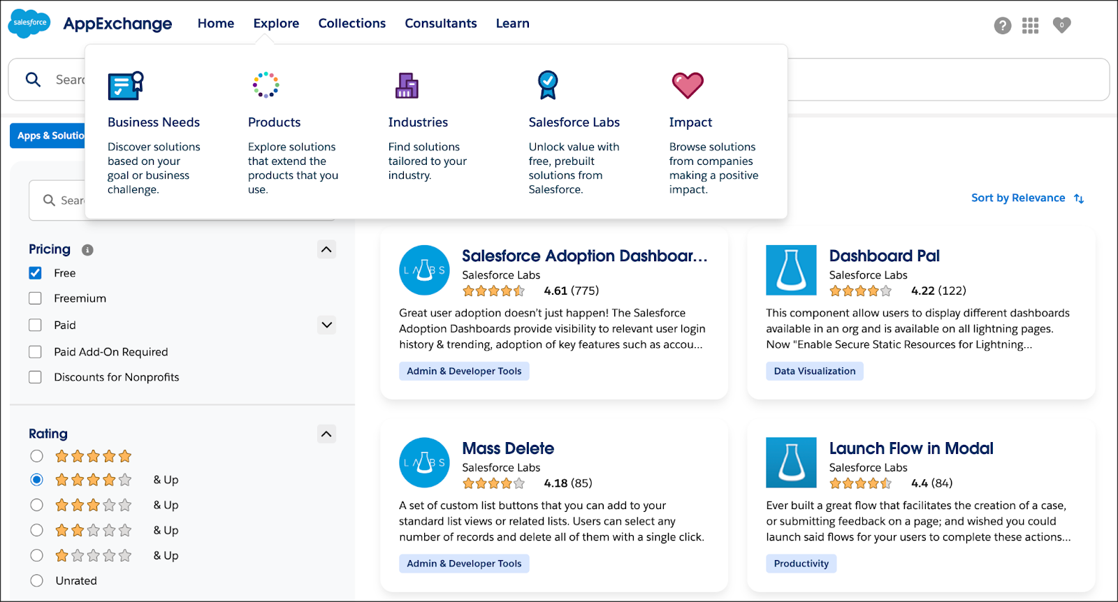 This AppExchange Explore page is filtered to Salesforce Labs solutions.