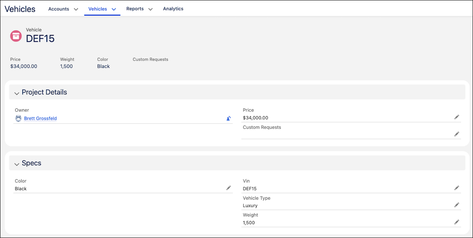 Custom object example for a vehicle includes personalized specifications.