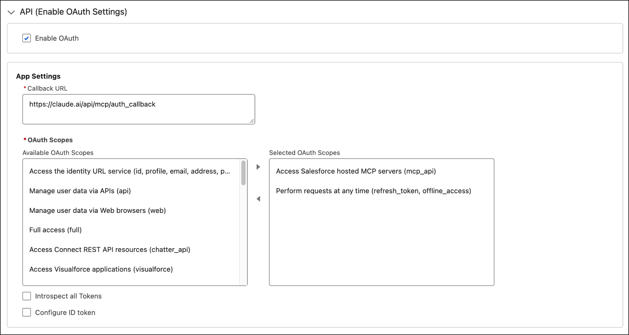 The API section after the APP settings are configured.