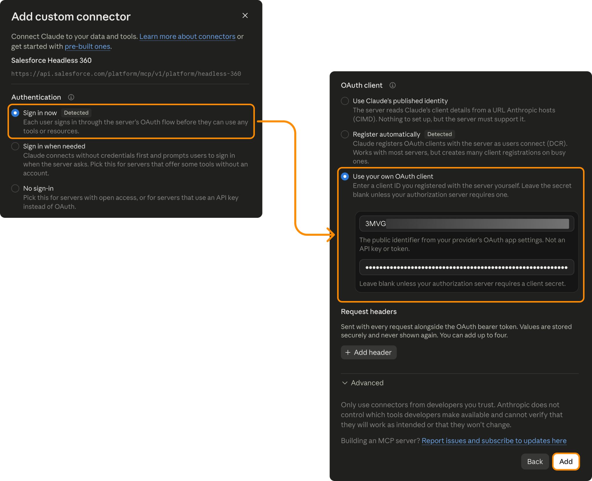 The Add custom connector section of Setup after required settings are enabled.