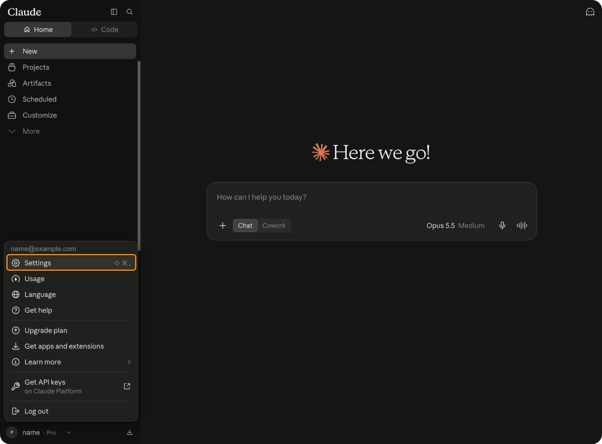 The Claude webpage highlighting Settings.
