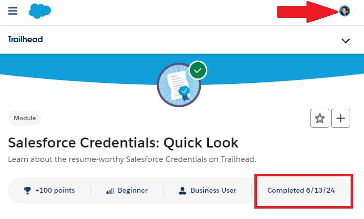 Completed Quick Look badge with profile icon and completion date.