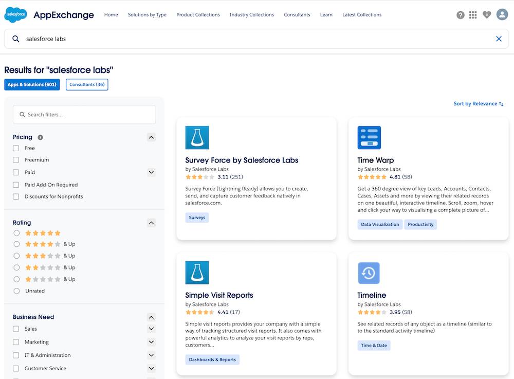 A view of the AgentExchange search box with results matching Salesforce labs.