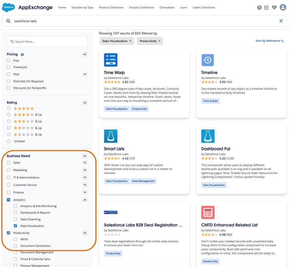 A view of AgentExchange search with Analytics, Data Visualization, and Productivity selected.
