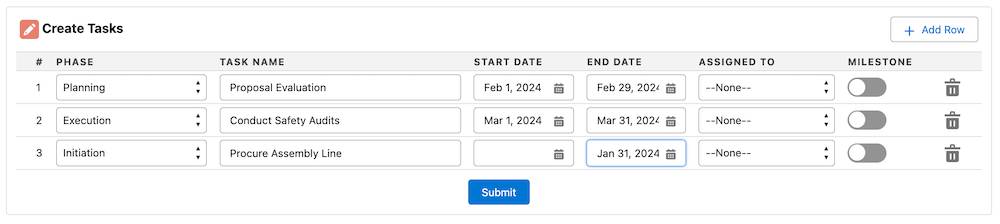 An example Create Tasks window with Phase, Task Name, Start Date, End Date, Assigned To, and Milestones columns.